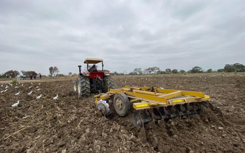 A red FMWorld tractor with a yellow disc harrow is plowing a field.