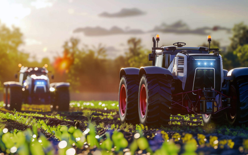 Modern tractors equipped with lights work in a field at dusk