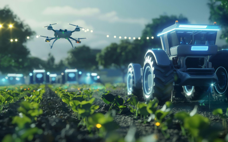 AI-generated image of a modern farm field utilizing IoT and AI technologies, featuring drones and automated machinery.