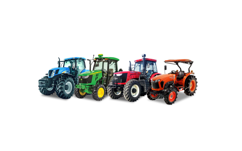 Tractors from New Holland, John Deere, FMWorld, and Kubota showcased side-by-side.