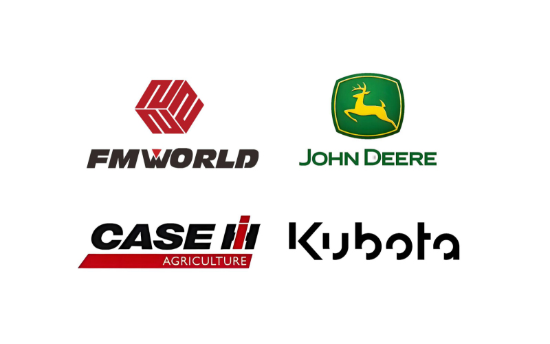  Collection of agricultural machinery manufacturer logos including FMWorld, John Deere, Case IH, and Kubota.