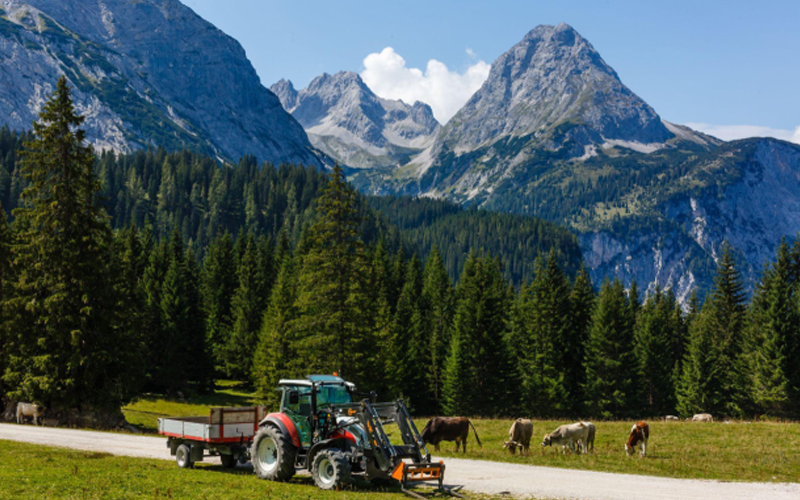 Harvesting crop by red tractor in Austrian alpine green mountain fields.