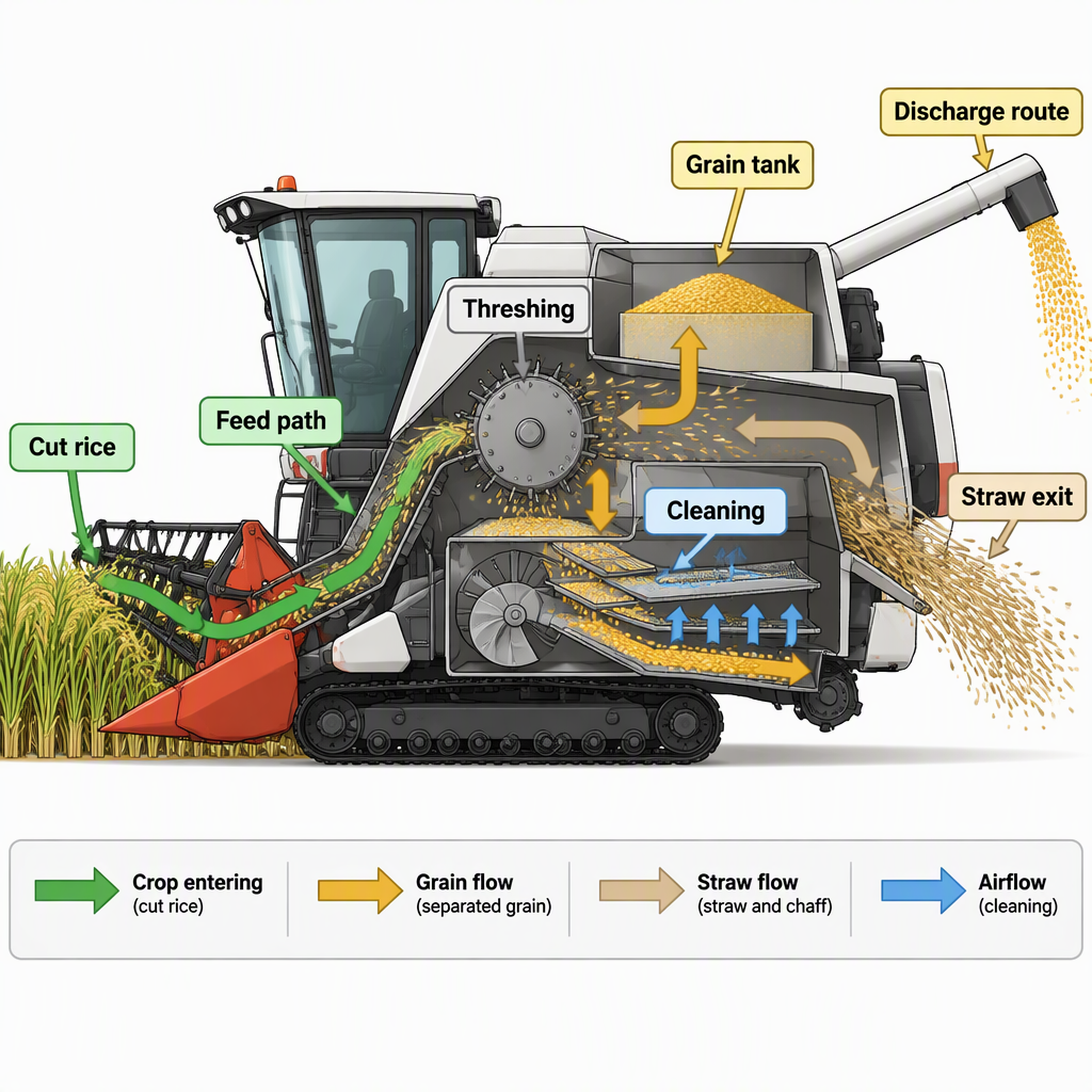 Diagram showing rice crop cutting, head feeding, threshing, grain collection and straw exit