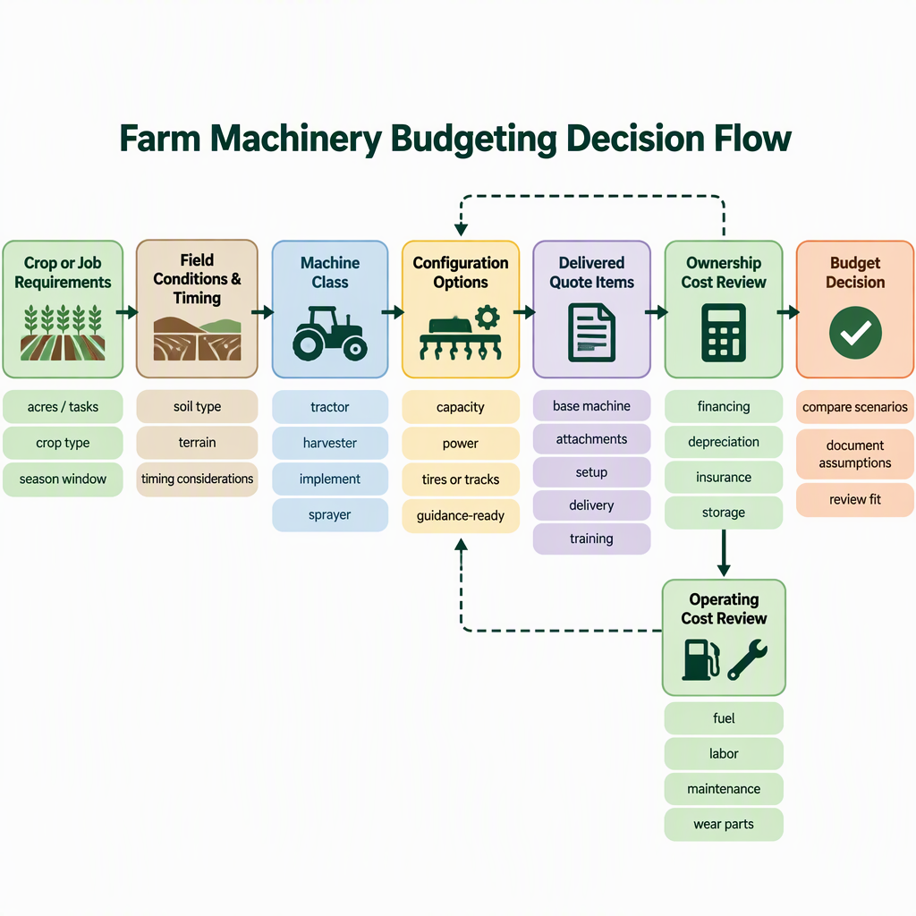 Decision flow from farm job requirements to machine class configuration delivered quote items and ownership cost review