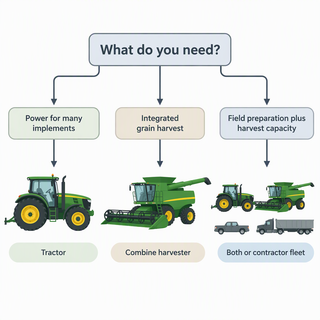 Decision flow showing when to choose a tractor, a combine harvester, or both