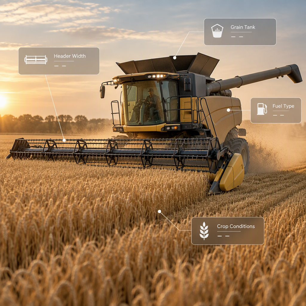 Wheat combine harvester specification comparison for an open grain field