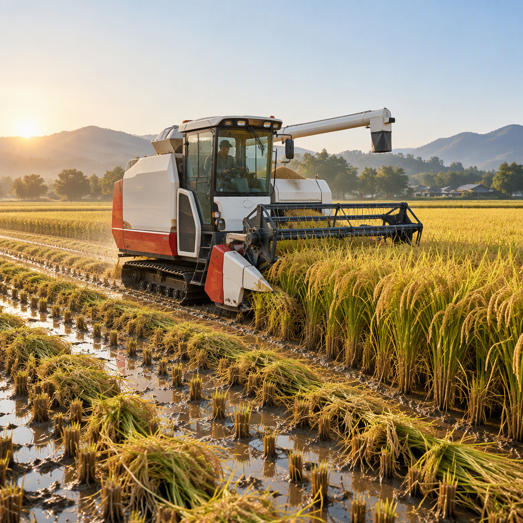 Compact crawler combine harvesting rice in a paddy field