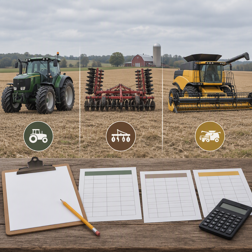 Tractor implement and harvester shown as farm equipment categories for budget planning