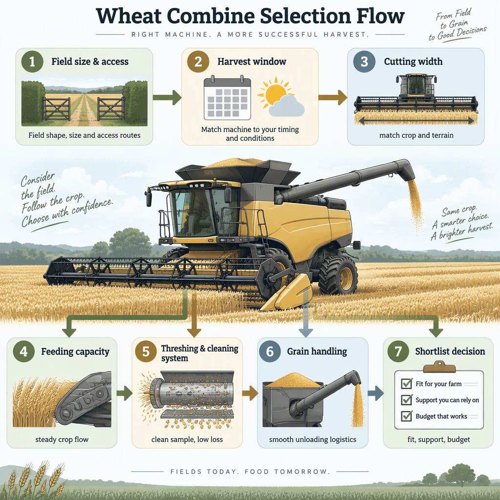Decision flow for matching wheat combine capacity to field size and harvest window