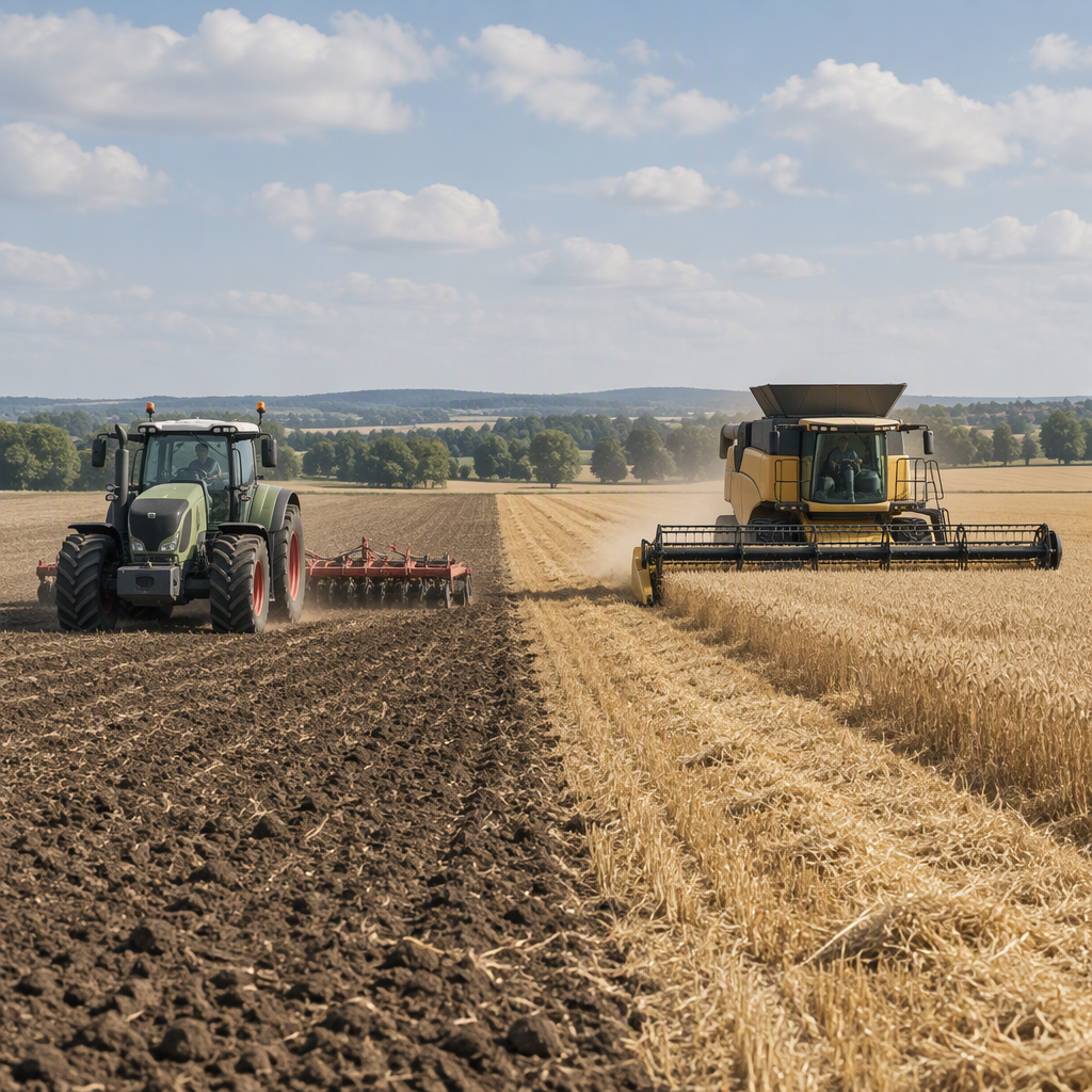 Tractor working with an implement and a harvester operating in separate field tasks