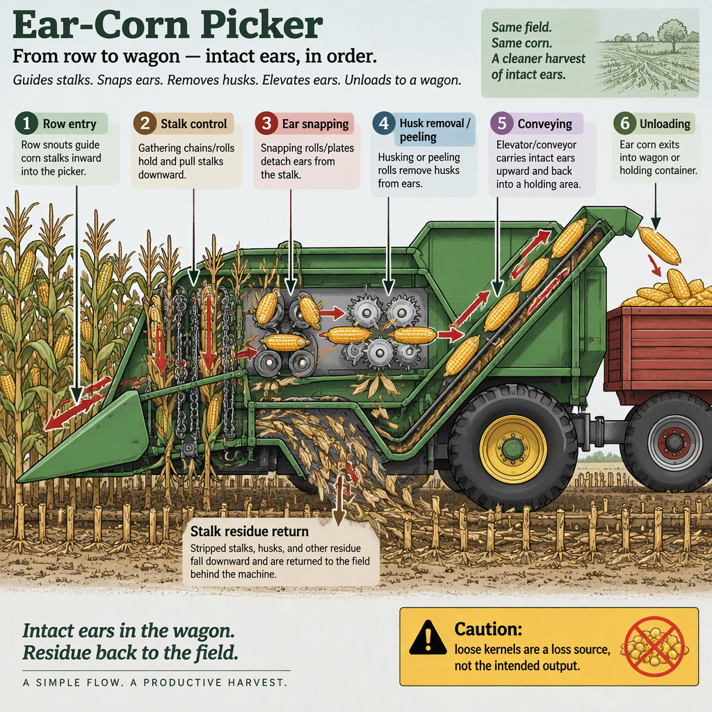 Crop-flow diagram showing row entry, stalk control, ear snapping, peeling, conveying, and unloading