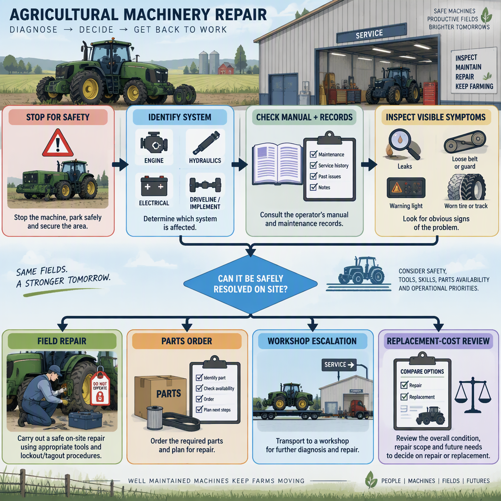 Decision flow from safety stop to system identification, inspection, repair, escalation or replacement cost review