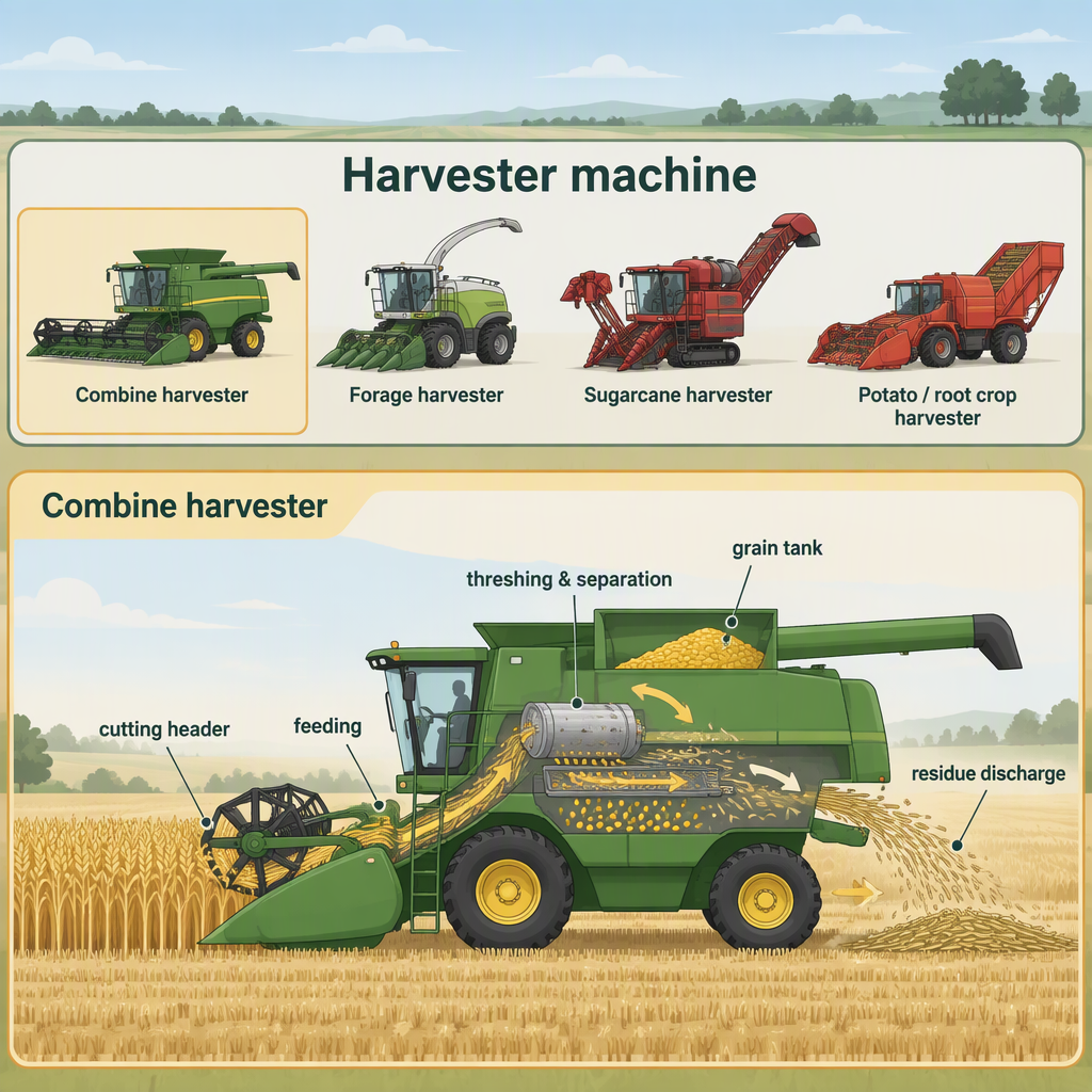 Concept illustration showing harvester machine as a broad category and combine harvester as a grain harvesting subtype