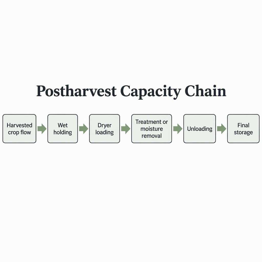 Capacity chain diagram from harvest flow to wet holding, drying, unloading, and storage