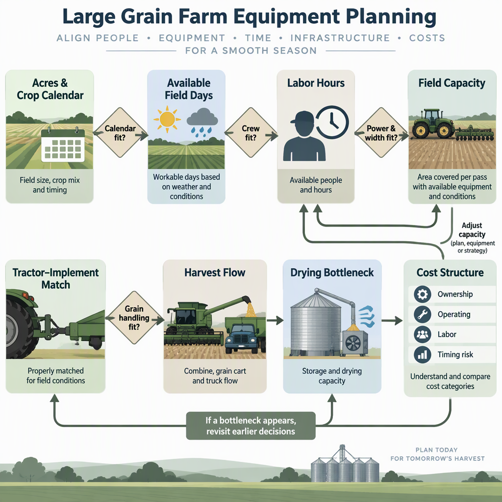 Qualitative decision flow linking acres, field days, labor hours, machine capacity, cost categories, and postharvest bottlenecks