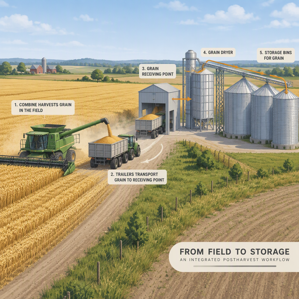 Integrated grain harvest, transport, drying, and storage workflow on a farm site