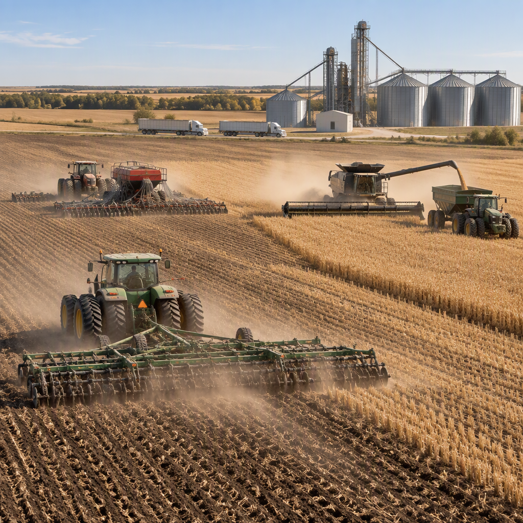 Coordinated large grain farm machinery fleet with tractor, seeding equipment, combine harvester, and grain drying area