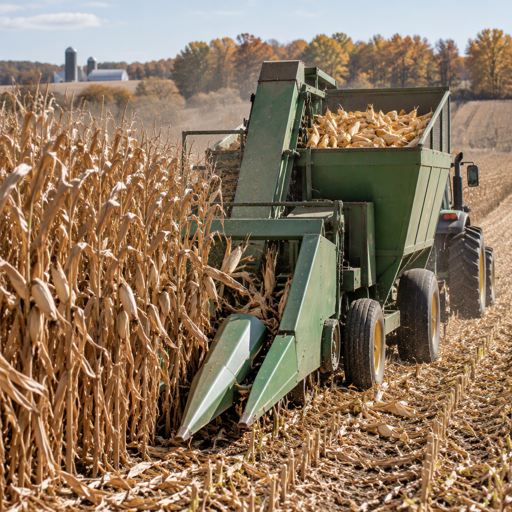Ear corn harvesting in a maize field with whole ears collected rather than loose kernels