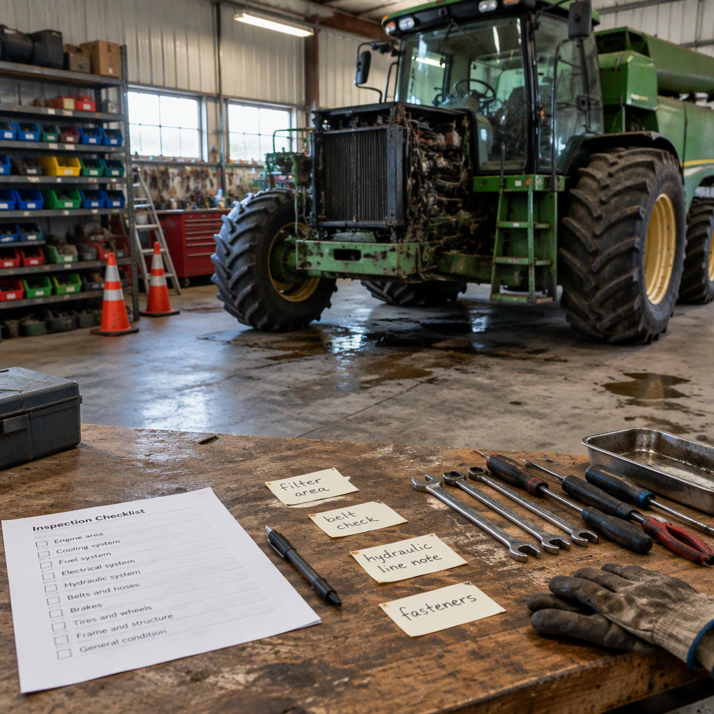 Stopped agricultural machine in a workshop with tools, checklist and parts notes for repair decisions