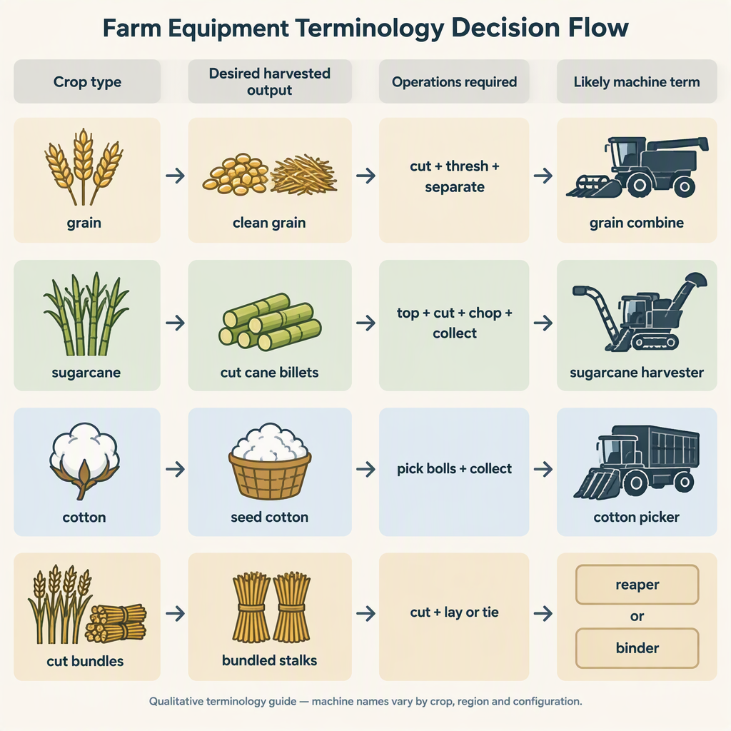 Decision flow from crop type and harvested output to combine harvester or crop-specific harvester terminology